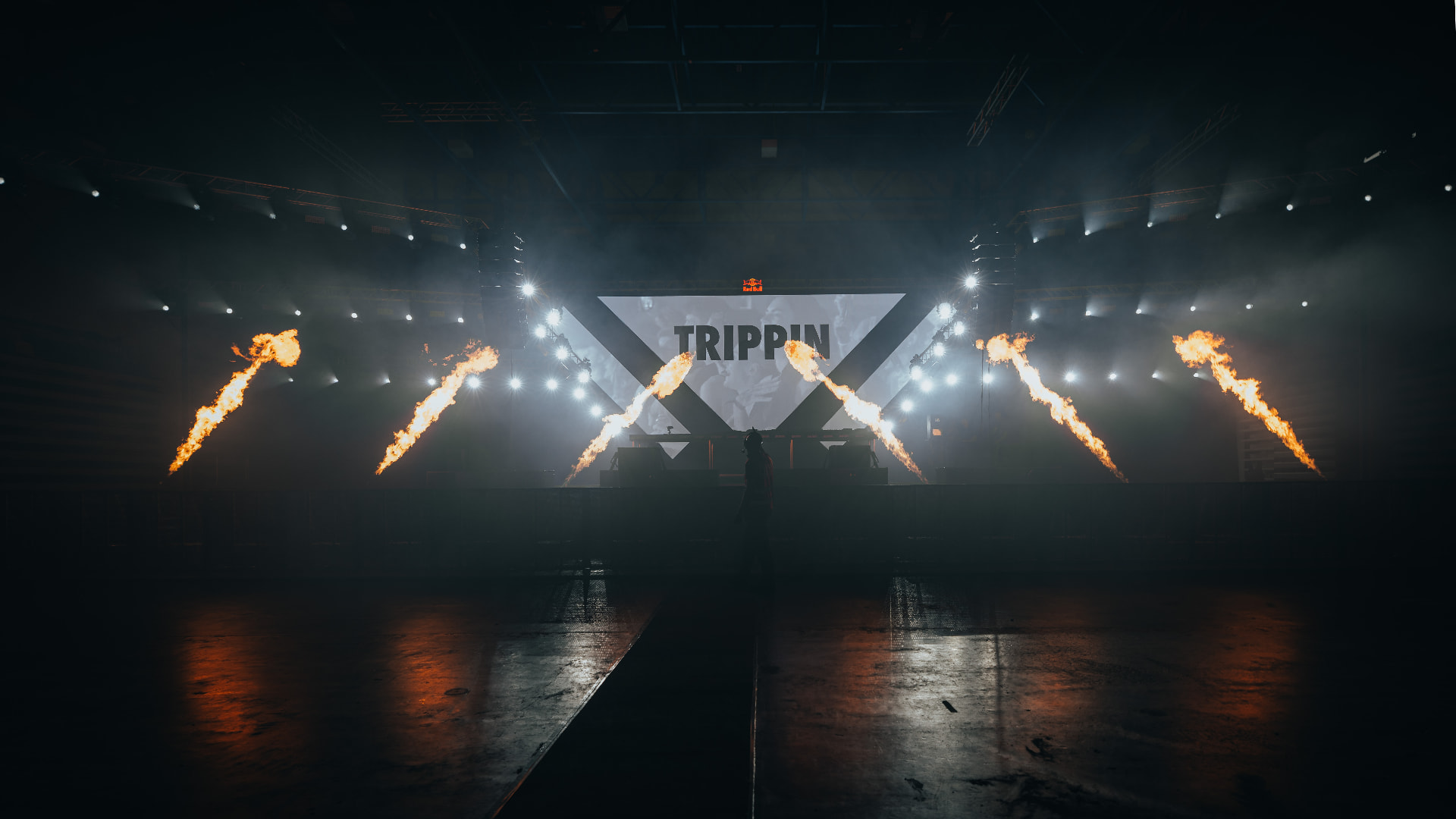 Flame jets firing across the Trippin stage under white beams — Bassment Festival, photographed by Paul Rumplmaier