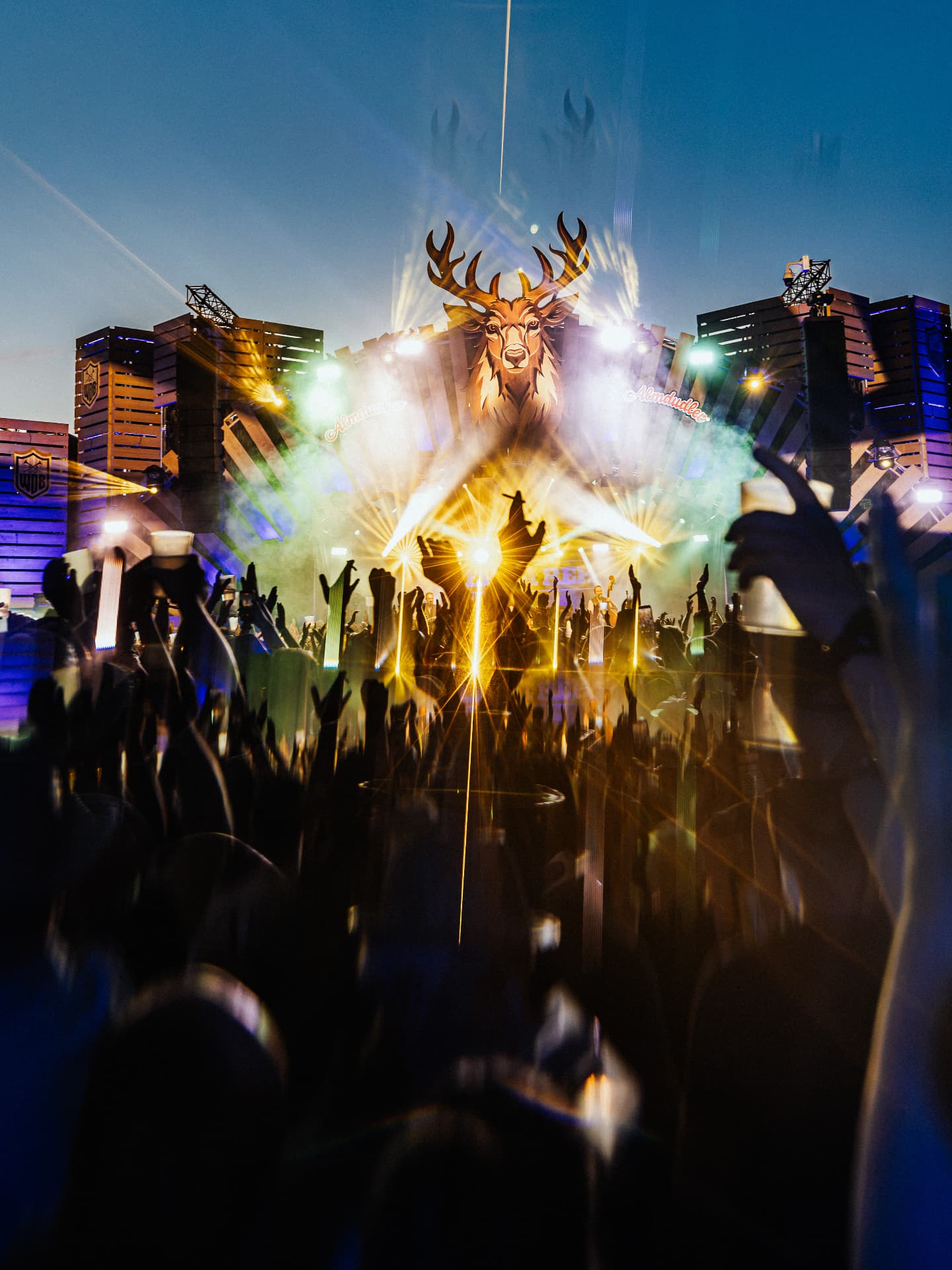 Crowd with raised hands in front of the illuminated stag stage — Woodstock der Blasmusik, photographed by Paul Rumplmaier